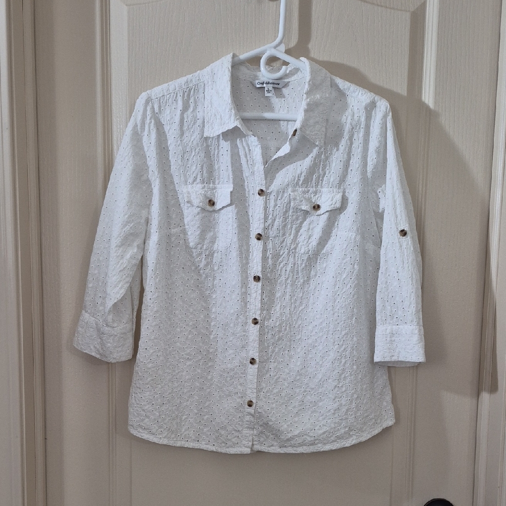 Croft & Barrow Women's White Eyelet Button-Up Shirt Size L